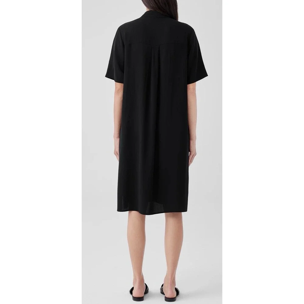 Eileen Fisher 100% SILK Georgette Crepe Notch Collar Dress XS Black‎ f4gc1